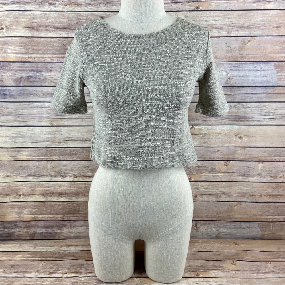 Hackwith Design House Becca Crop Beige Short Sleeve Textured Minimalist Top Tee